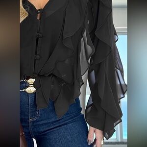 🍂 Ruffle V Neck Button Front Slim Fit Long Sleeve Blouse